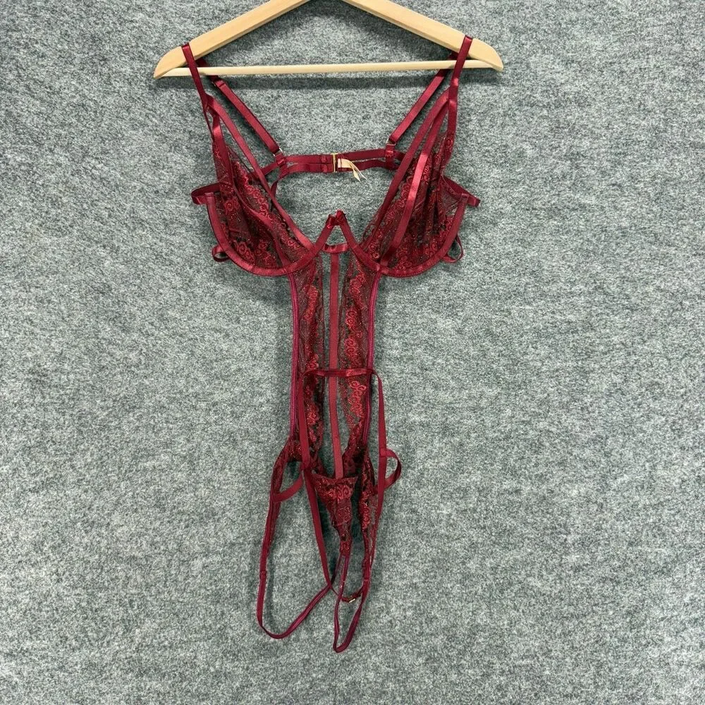 Roma Embellished Lace Bodysuit Women L Large Red Underwired Sheer Hook & Eye